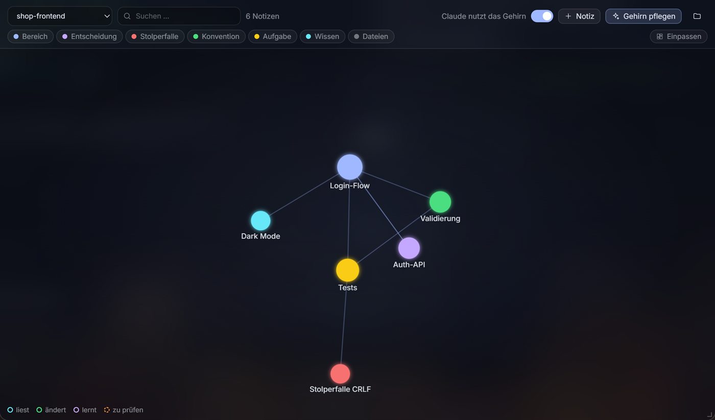 VibeDesk brain window: a graph of linked notes such as Login flow, Validation and Auth API