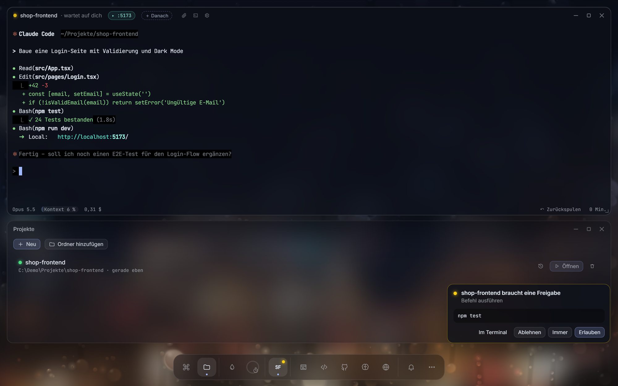 VibeDesk with a Claude Code terminal waiting for approval, an approval card with Allow, Always and Deny, and the dock at the bottom