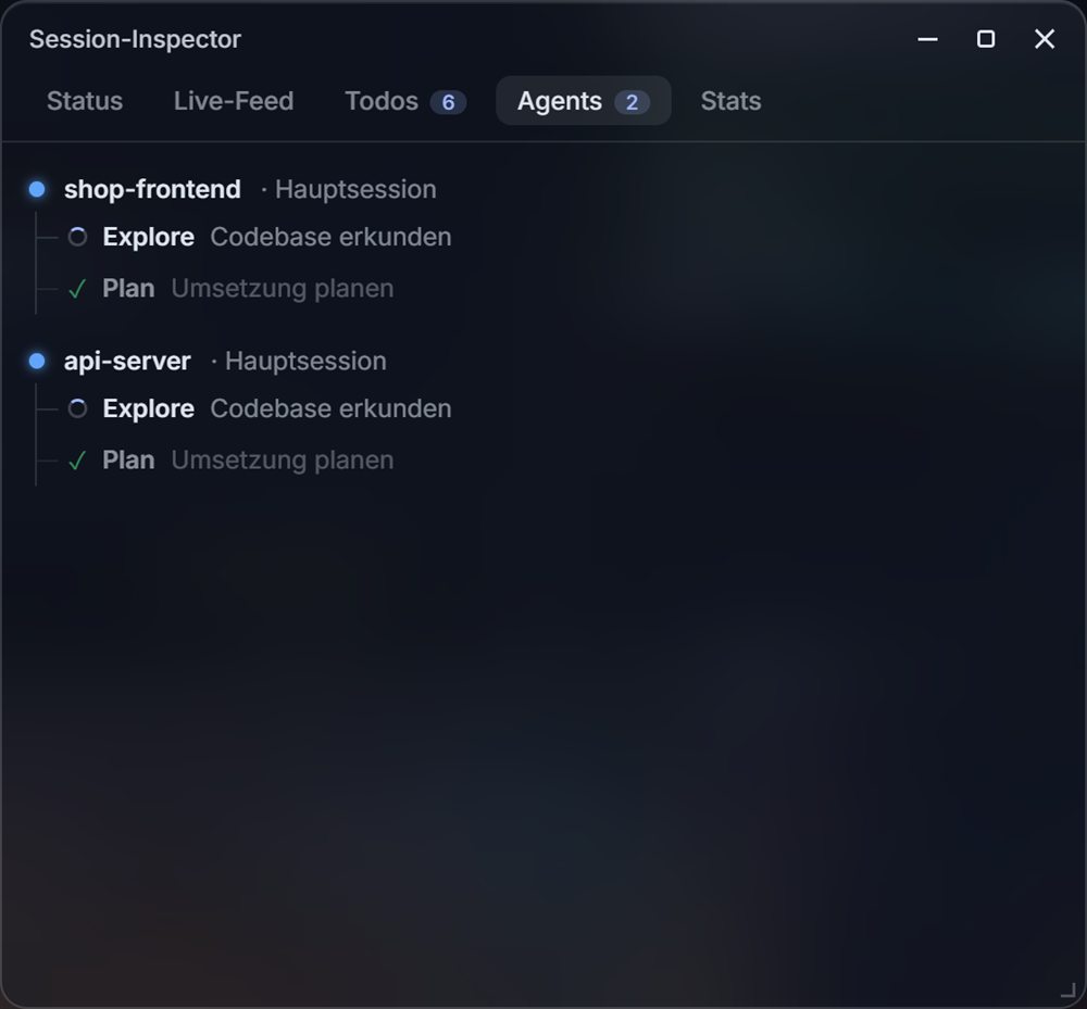 Session inspector showing a tree of subagents: Explore and Plan
